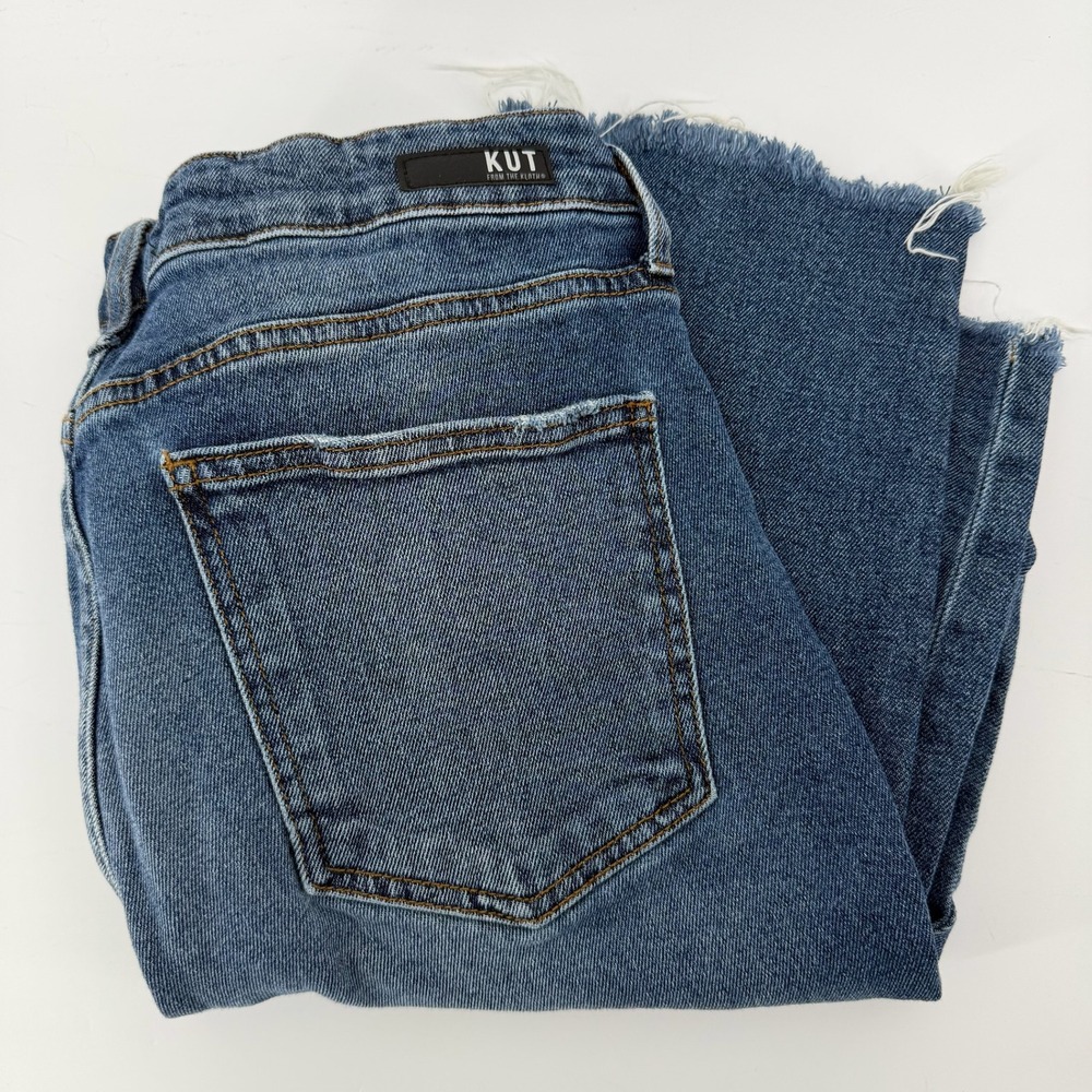 Kut from the Kloth Rachael Mom Jeans Blue High‎ Rise Straight Raw Hem 12